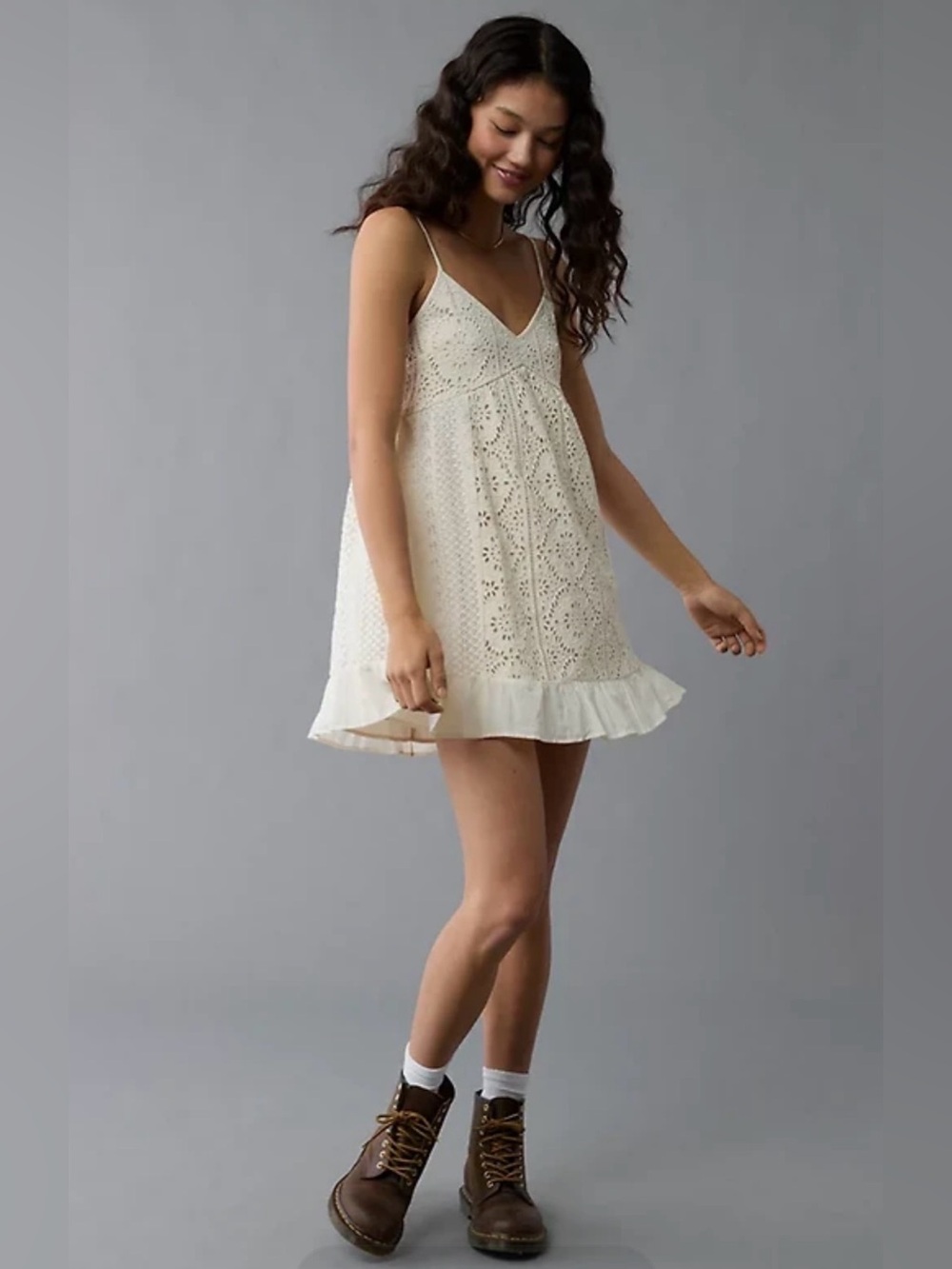 American Eagle Outfitters Cream Eyelet Mini Dress - Brand new! Size: S